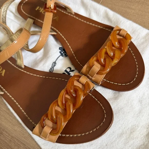 PRADA Leather Nude Sandal 37 Tortoise Shell Style Chain Links Strappy Flat Italy - Picture 10 of 14